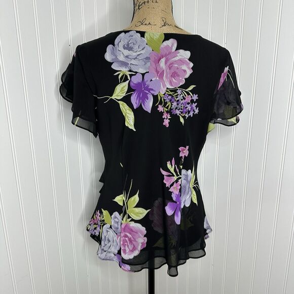 Studio 1 Chiffon Top Sz 14 Black Floral Flutter Sleeve Ruffle Dark Romantic 90s - Picture 4 of 13